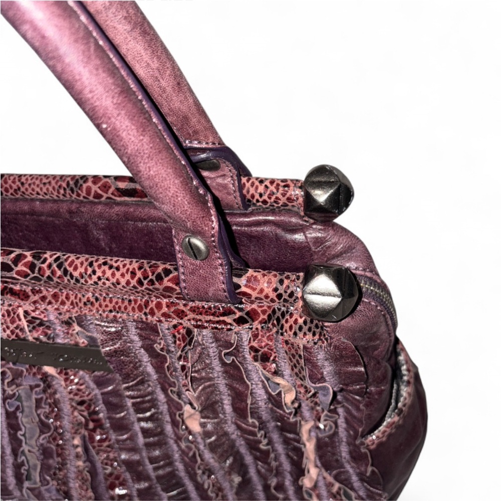Betsey Johnson Leather Ruffle Structurec Satchel Handbag in Deep Plum - Picture 7 of 13